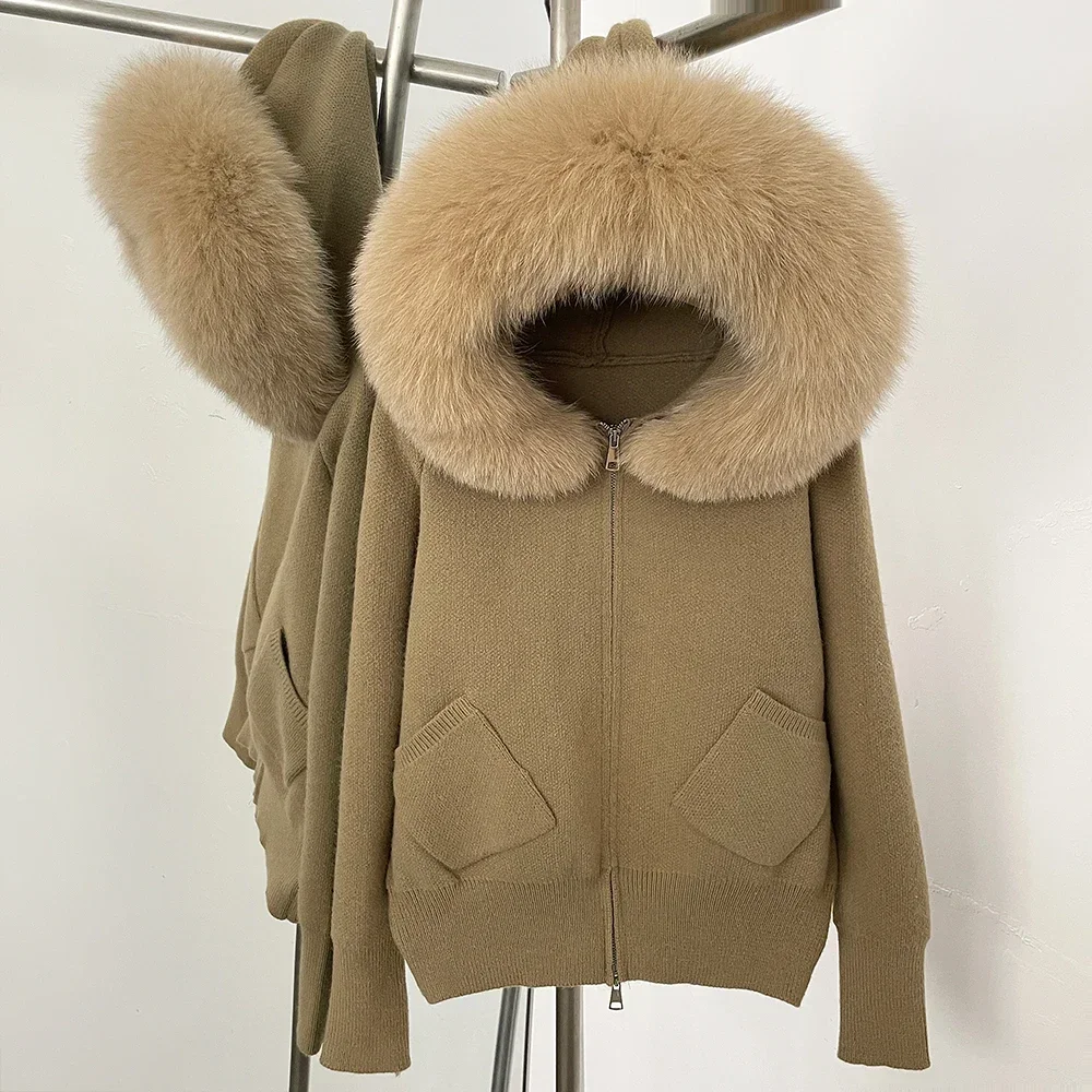 

Real Fox Fur Collar Natural Fur Coat Hooded Big Fashion Clothes Cardigan Autumn Winter Fashion Short Knitted Women Jacket Female