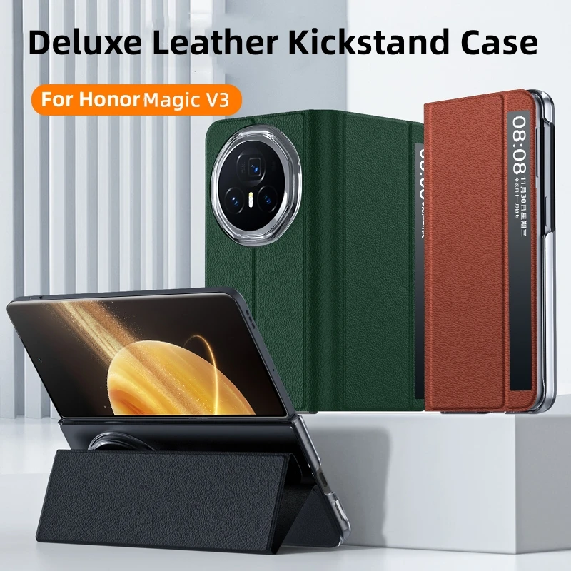 For Honor Magic V3 Case Luxury Leather Folding Stand Cover For Honor Magic V 3 Smart Window Shockproof Bumper MagicV3 Funda