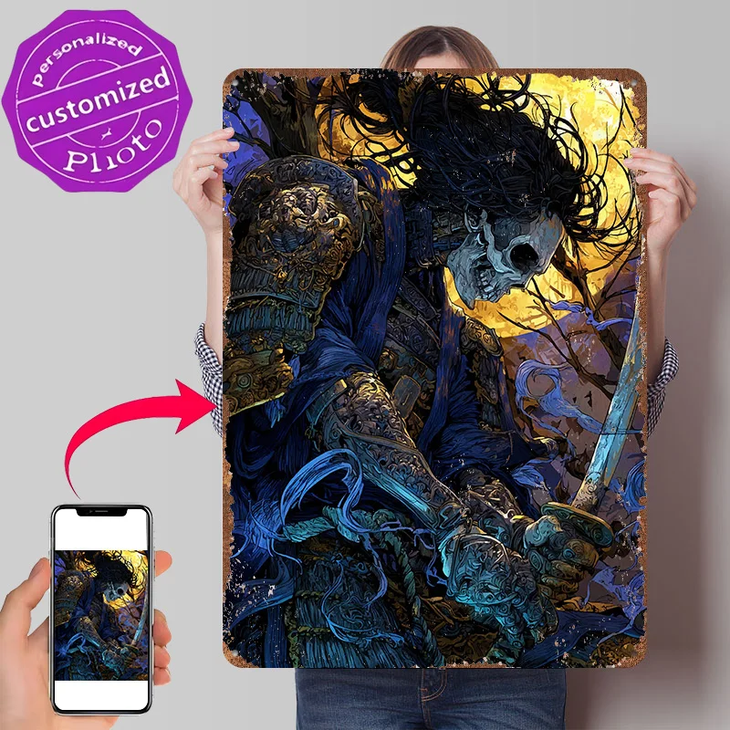 Undead Samurai Warrior With Sword Poster Retro 3D Printed Metal Signs Customized Wall Hanging Gift for Desk Decor Room Wand Deko