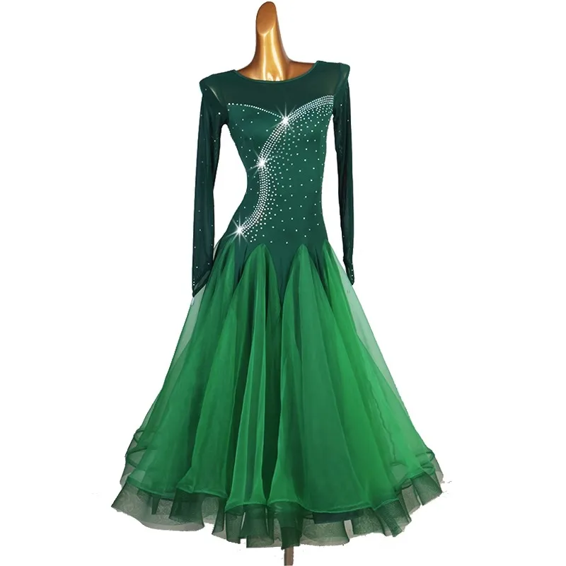 2024 New Green Color Dress Lace Sleeve Women\'s Modern Clothing Tango Waltz Dance Long Dress Elegant Party Competition Costume