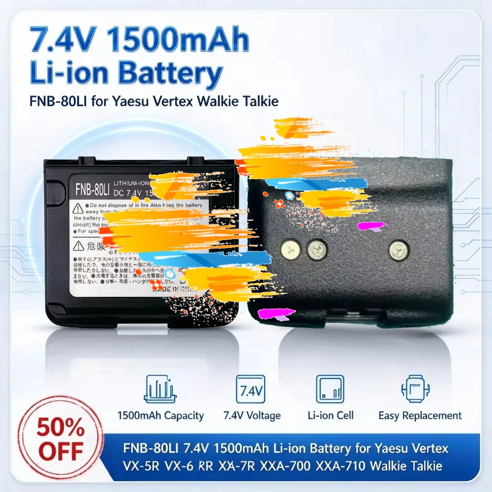 FNB-80LI 7.4V 1500mAh Li-ion Replacement Battery for Yaesu Vertex VX-5R VX-6R VX-7R VXA-700 VXA-710 Walkie Talkie High Capacity