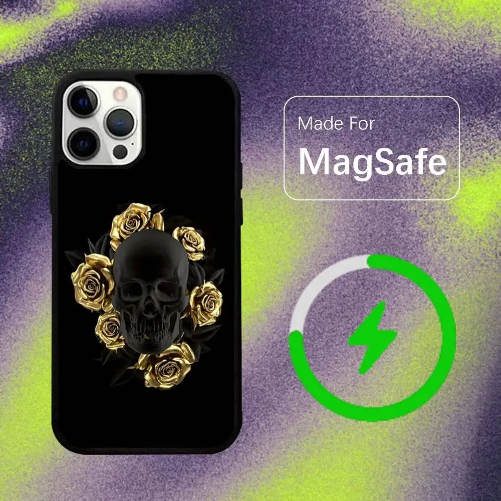 Golden Skull COOL Handyhülle für iPhone 17,16,15,14,13,12,11,Pro,Max,Plus,Mini,SE,Air Magsafe magnetisches kabelloses Laden