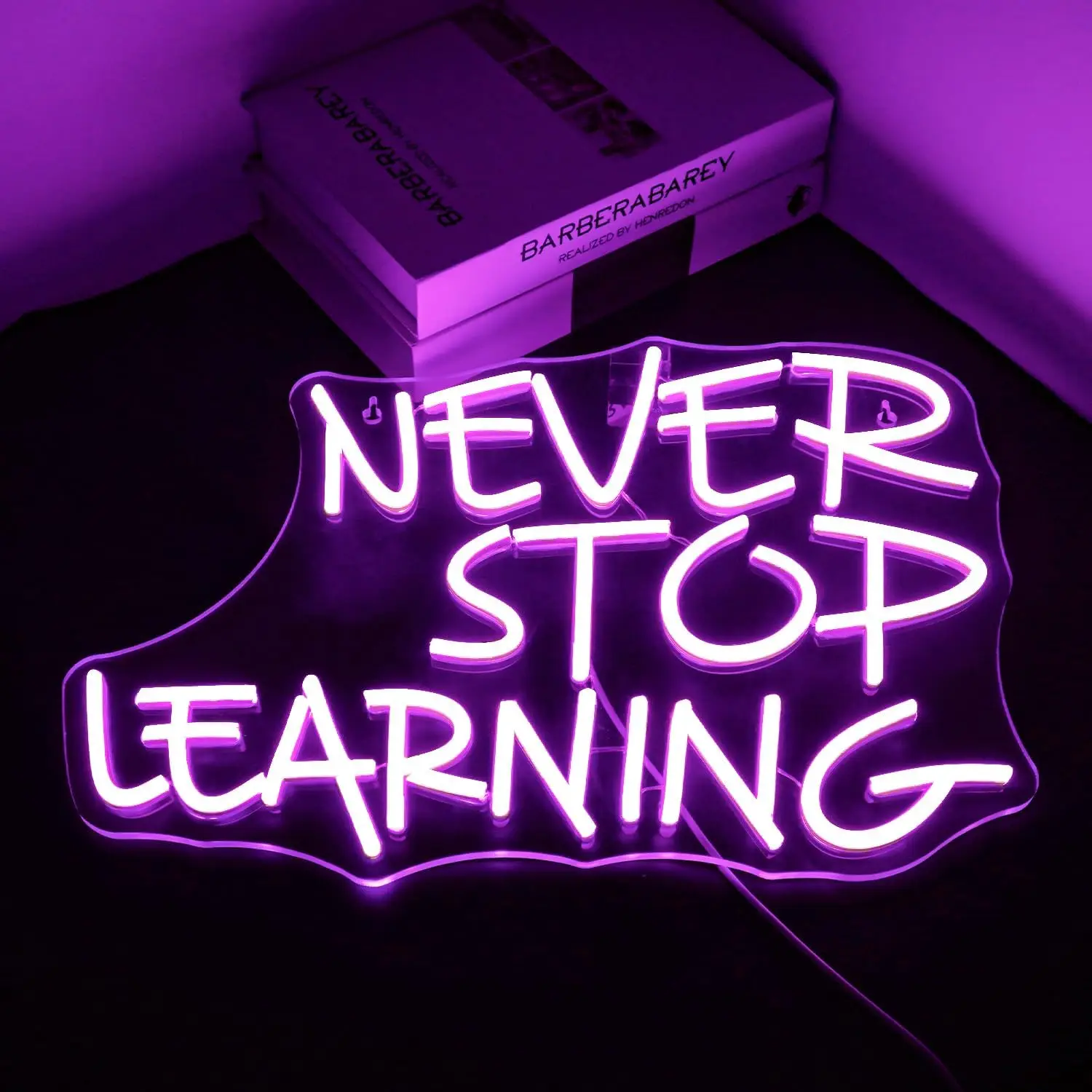 Looklight Never Stop Learning Neon Sign Purple LED Wall Decor USB Light Up Signs for Home Offices Study Rooms Classrooms Librari
