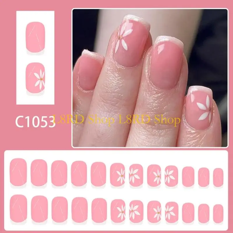 L8RD スクエアプレスオンネイル フレンチチップ フェイクネイル フルカバー フラワーデザイングリッター付きフェイクネイル 人工アクリルネイル