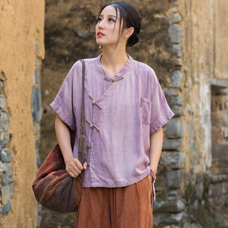 Femmes coton lin chemise décontractée nouveau 2025 été Style chinois Vintage col montant ample femme à manches courtes hauts chemises M1307