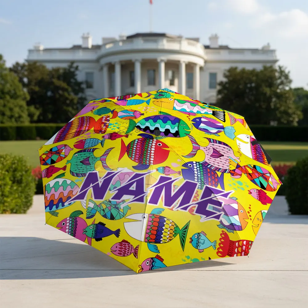 Custom Name umbrella, Vibrant Multicolored Fish Print Fashion Folding Umbrella for Sunny and Rainy Days, Christmas Gift