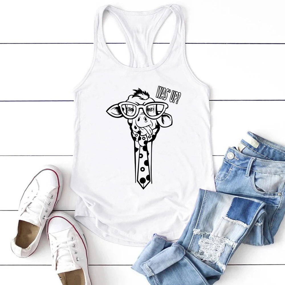 Women Sleeveless Funny O Neck Vest Tops Graphic  for  Fashion Giraffe with Glasses Was' Up Print Tank Top