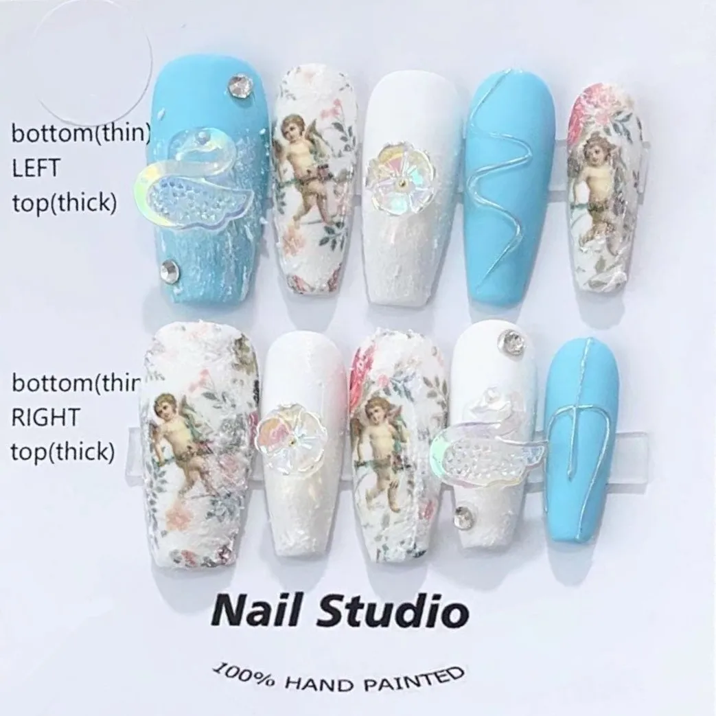 أظافر طويلة مطلية يدويًا برسم يدوي ، ملاك أزرق ، فن أظافر مزيف بتصميم ساحر ، مانيكير صناعي بغطاء كامل للفتيات #1