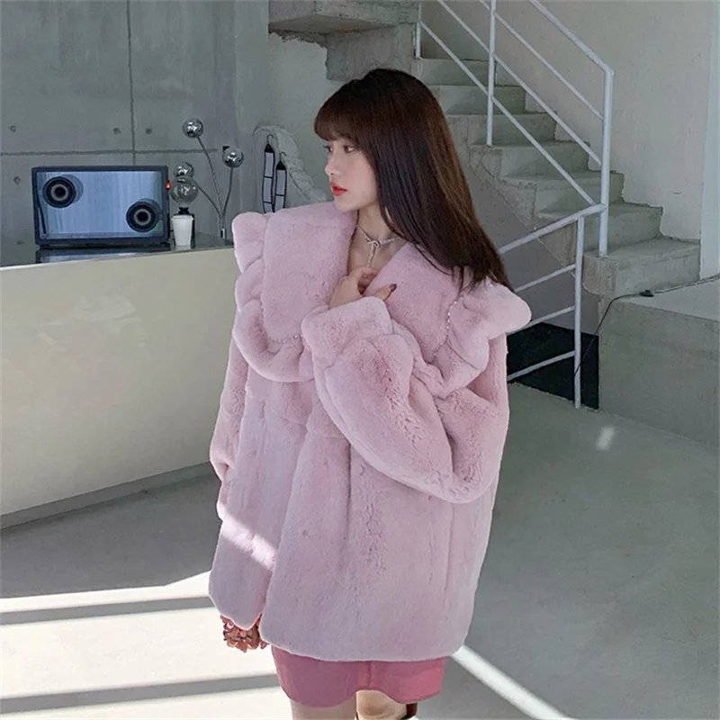 

Winter Ladies Imported Fur Coat Luxury Imported Rex Rabbit Fur Warm Coat Lotus Collar Design Trend To Prevent Cold Coat