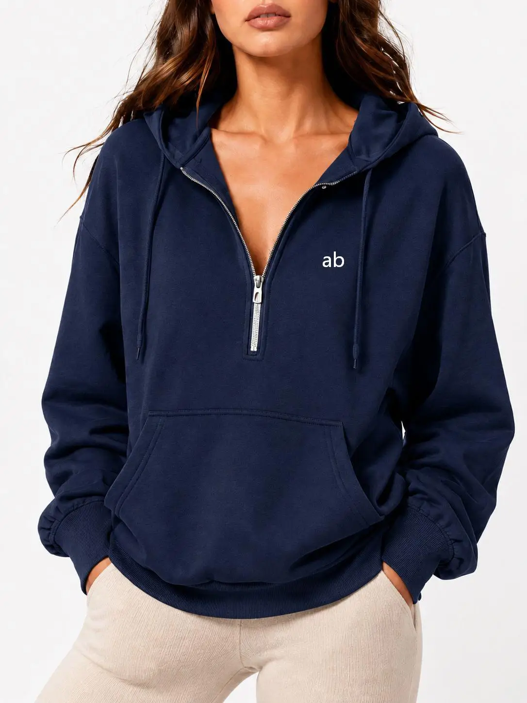 2026 Autumn New Style Loose-Fitting Hooded Half-Zip Pockets Autumn/Winter Casual Women's Sweatshirt for Sport Activities