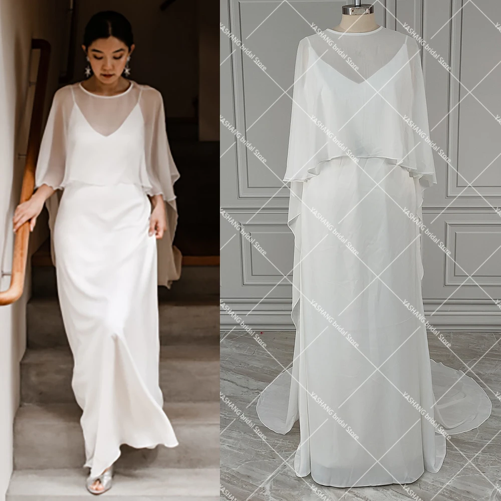 Two Pieces Sheath Simple Satin Wedding Dress with Chiffon Cloak Cape Spaghetti Straps Customized Ivory Backless Bridal Gown