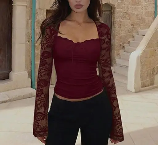 Top Women 2026 Spring New Solid Color Fashionable and Sexy Lace Splicing Perspective Square Collar Long Sleeve Versatile Top
