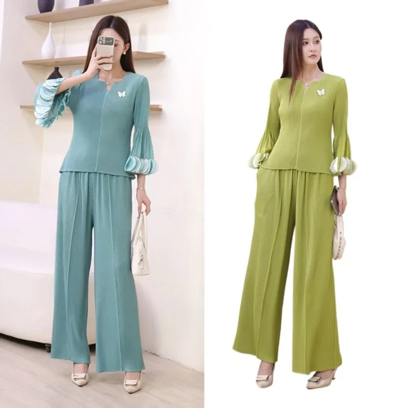 

Miyake Pleated Solid Color Pants Suit Female Slim 2025 Fall New Top+pants Comfortable Casual Fashion Wild Plus Size 2-piece Set
