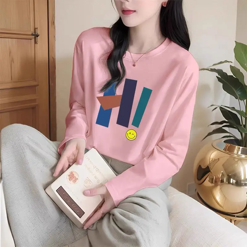 Autumn Pure Cotton O-neck Long Sleeve Tshirt Women Clothing Fashion Letter Print Pullover Office Lady Oversized Top Tee 35-100Kg