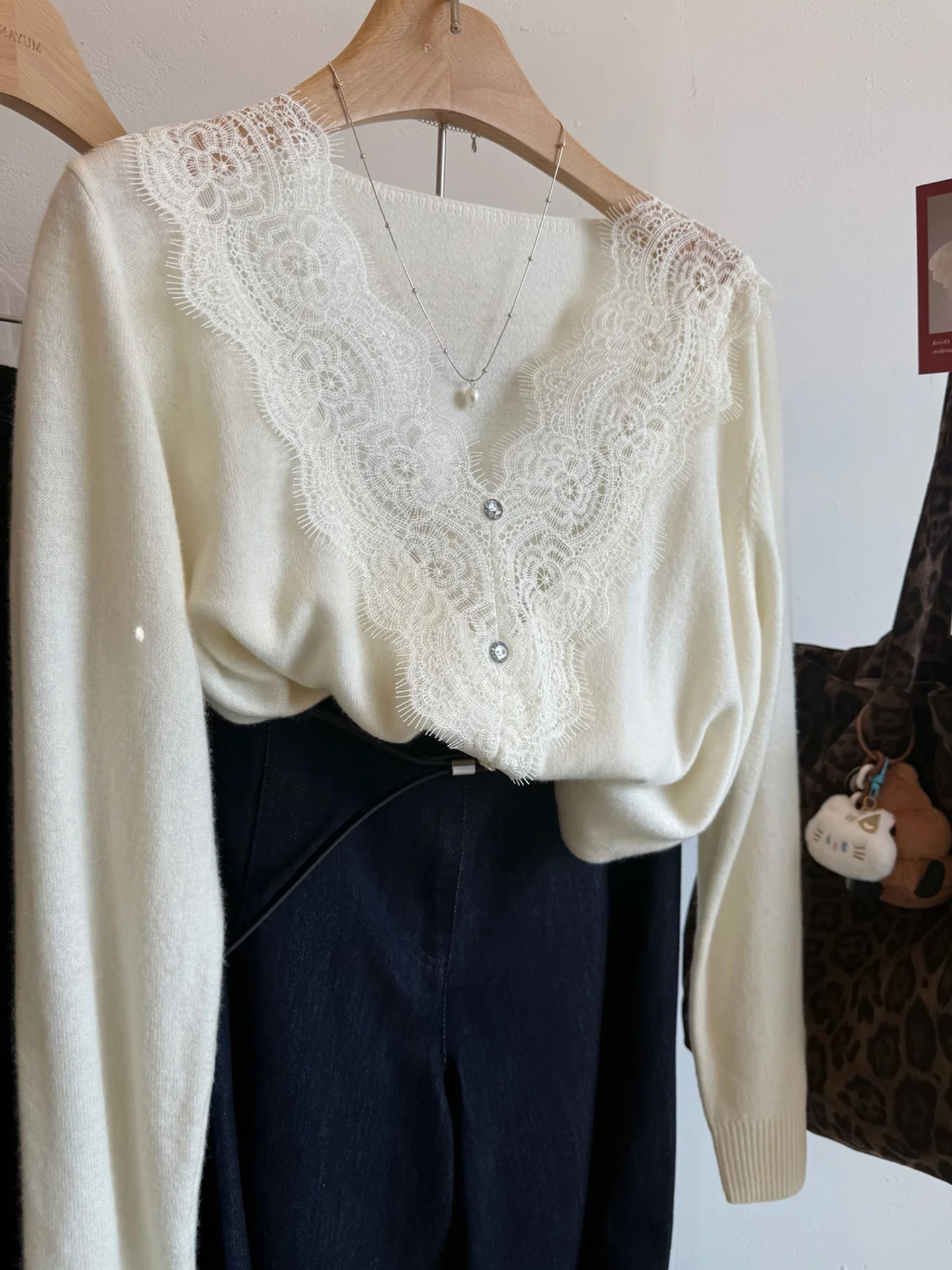 Comfortabel Gebreid Lang Sve Kant Patchwork Casual Top Trendy Koreaans Sle Woon-werkvriendelijk V-Ne Normale pasvorm Dames irt