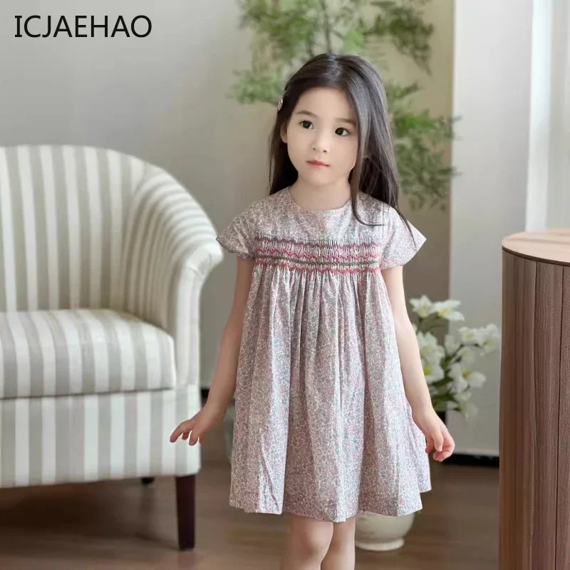 

2024 Children Outfit Matching Elegant Princess Clothes Kids Girls British Handmade Small Floral New Farmer Dress Summer Costume