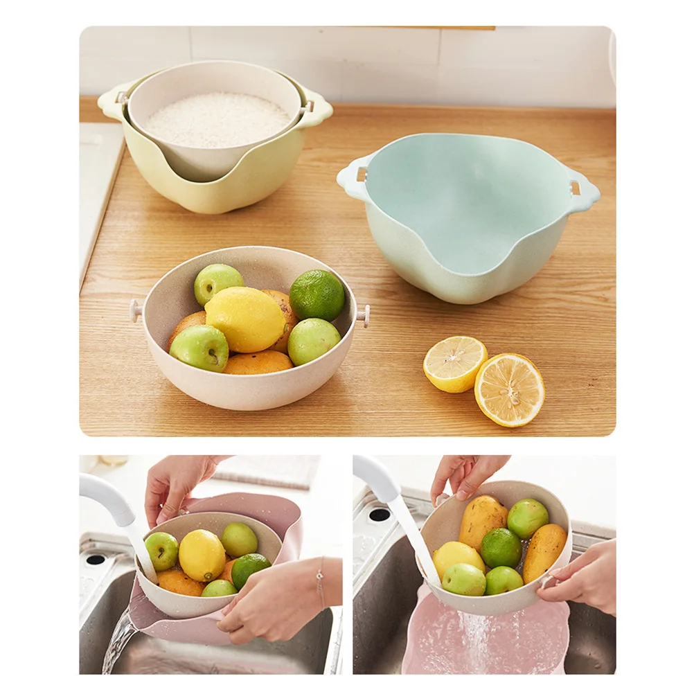 

Multifunctional Double Layer Drain Basket Blue Plastic Washing Sieve Storage Rack Quick Drying Kitchen Helper Hollow