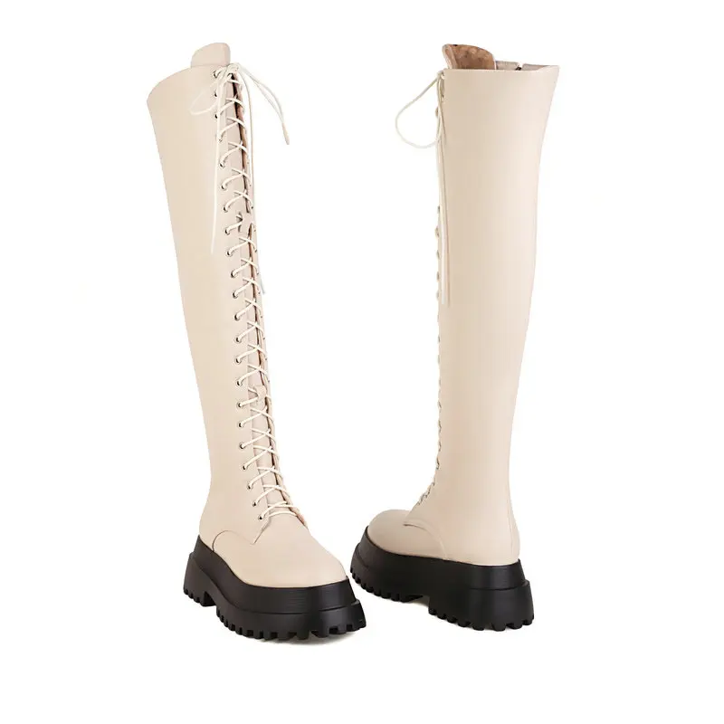 Patent Leather PU Black Punk Gothic Girls Winter Warm Shoes Lace-up Cross Tied Platform Thick Sole Flat Overknees Women Boots