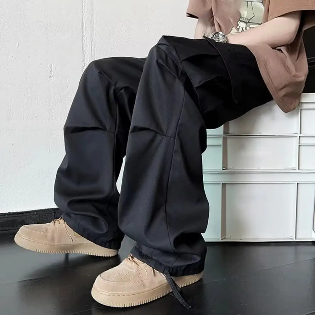Side Pocket Trousers for Men Men's Cargo Pants Mid-rise Drawstring Trousers Multi-pocket Outdoor Leisure Wear Wide Leg Camping