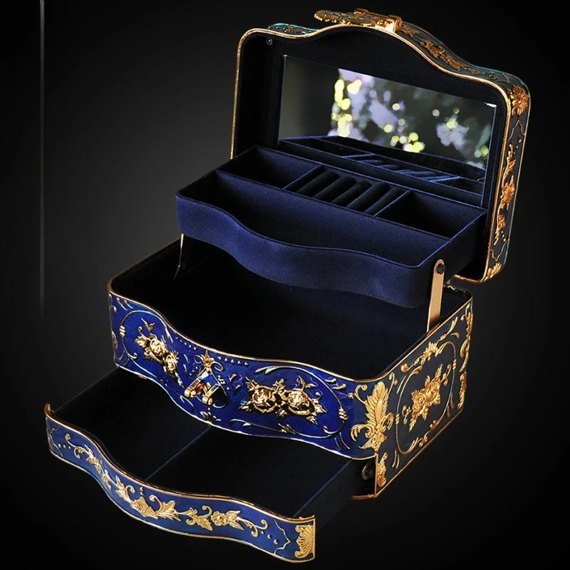 

Wasjoye three-layer European princess jewelry box with built-in mirror with lock large jewelry ring storage box