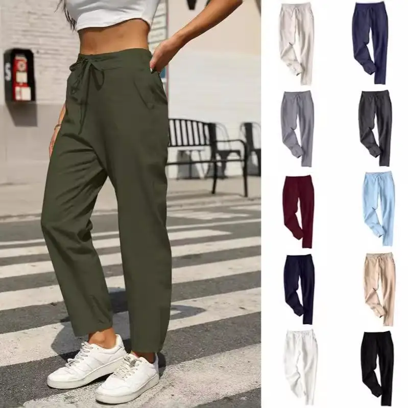 

Women's pants 2025 European and American casual cotton and linen small leg drawstring elastic long pants for women