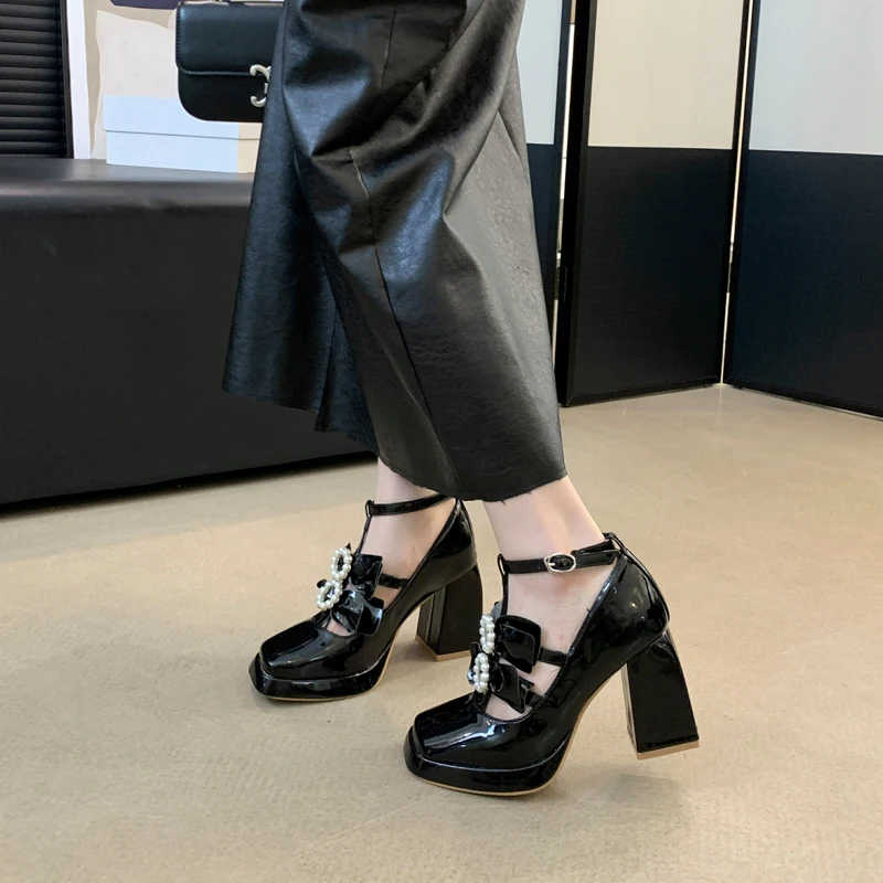 White Block Heels Ladies T Belt Pearl Bow Platform Shoes For Woman Patent Leather Chunky Higt Heels Square Toe Black Shoes