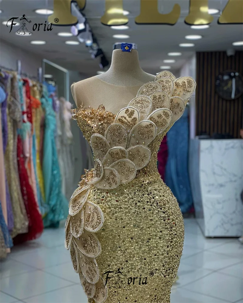 Vestido dourado sereia de lantejoulas para mulheres, vestidos de noite de fenda, apliques 3D floridos, baile e baile, Arábia Saudita