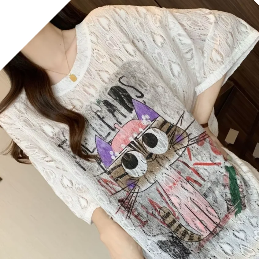 Large Size Women's Clothing Spring And Summer New Loose And Thin Lace Jacquard Cartoon Printed Short-sleeved T-shirt
