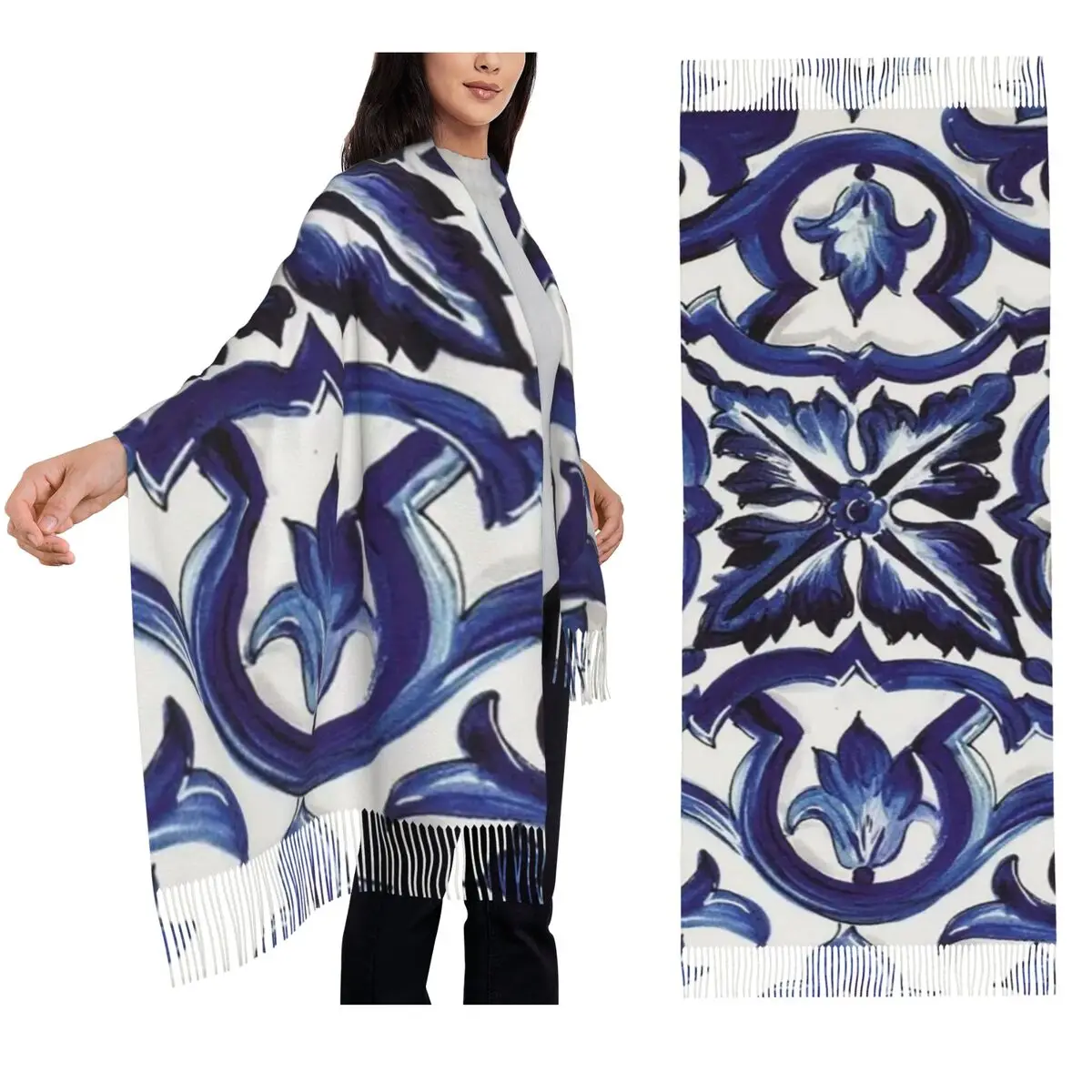 

Синий декоративный цветочный средиземноморский сицилийский шарф из плитки, шарфы с кисточками, женские шали и накидки, большая осенне-зимняя шаль