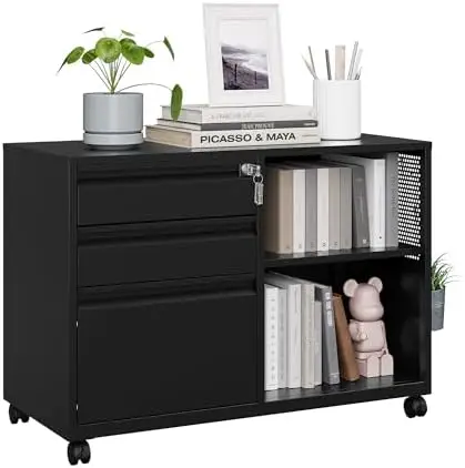 3 Drawer File Cabinet with Lock, Metal Lateral Rolling Printer Stand Office Storage Filing Cabinets for Home Office,A4