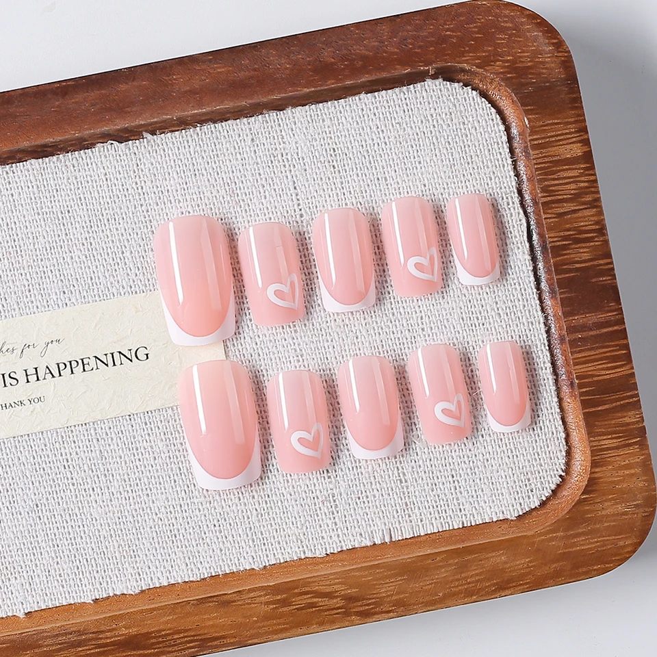 24 piezas de uñas postizas cortas rosas con punta francesa y corazones blancos, set de uñas desmontables, regalo 5