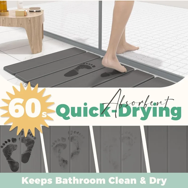 Tapis de bain pliable en diatomite gris foncé 60x39cm, base en caoutchouc antidérapante, absorption rapide de l'eau, tapis de sol de douche durable, tapis de sol pour salle de bain, entrée de baignoire, décoration de salle de bain à domicile
