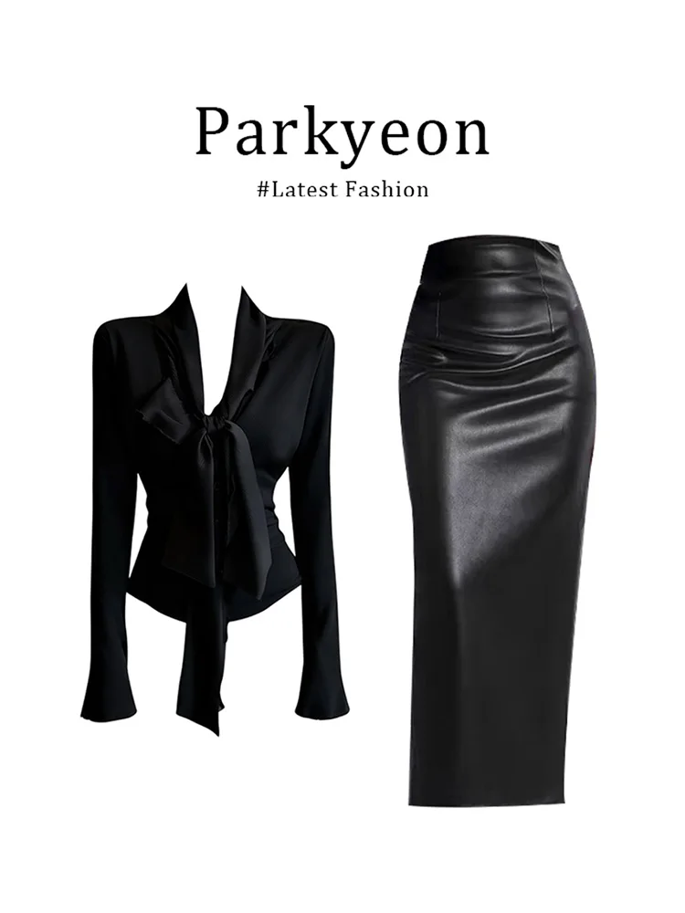 

Parkyeon Pure Desire Sexy Black High Waist Slimming Leather Skirt Women's Autumn Winter New Style Elegance Wrap Body Half-len...