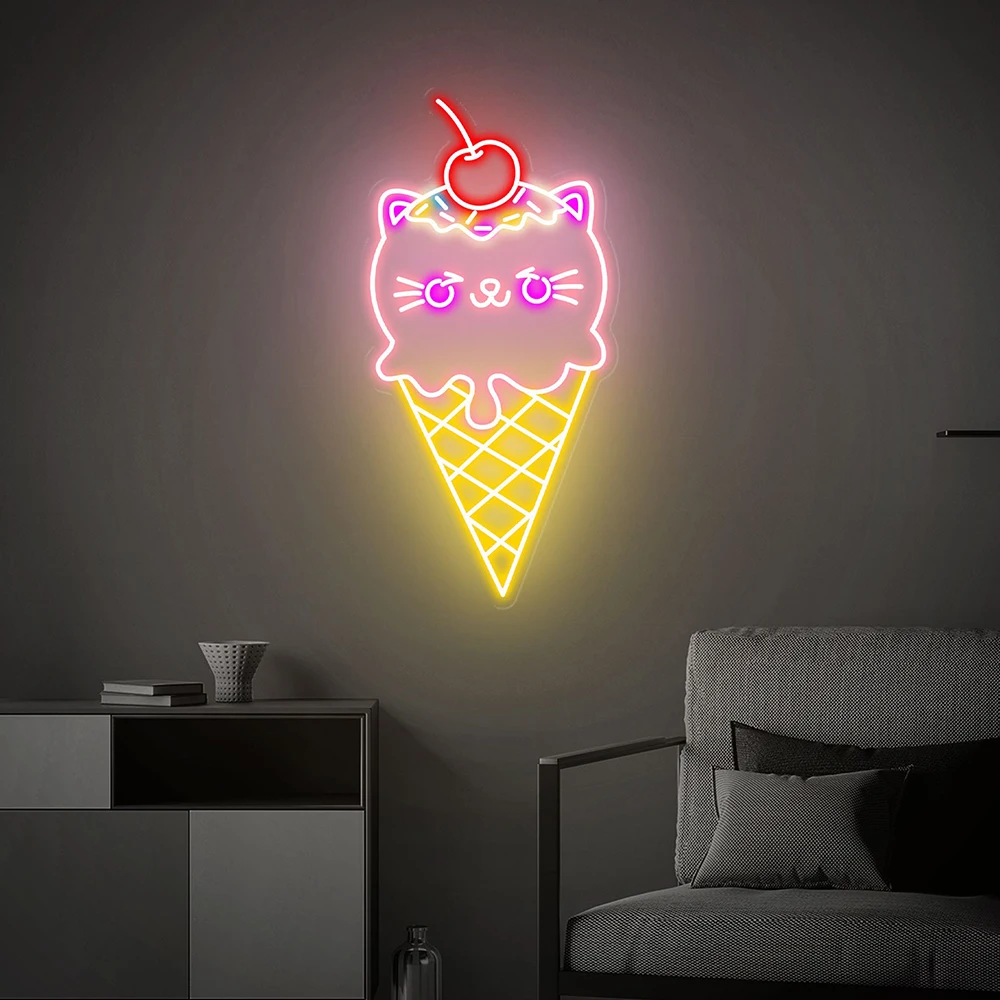 Ice Cream Neon Sign Cute Cat Neon Sign Custom Handmade Art Neon Light Milk Tea Shop Wall Decoration Home Decor LED Lights Signs