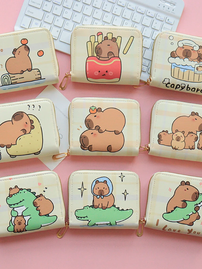 

Милый мультяшный капибара на молнии или кошелек, студенческий кошелек для монет для девочек, молодежный модный кошелек из синтетической кожи, вертикальный кошелек из искусственной кожи