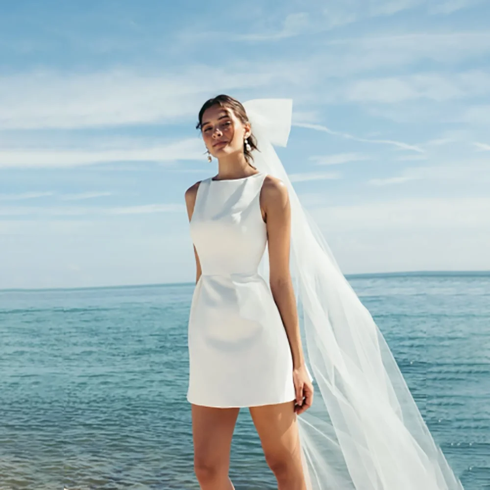 Minimalist Satin Short Wedding Dresses Sleeveless Boat Neck Mini Bridal Gowns Beach Elopement Civil Marriage Simple Bride Outfit