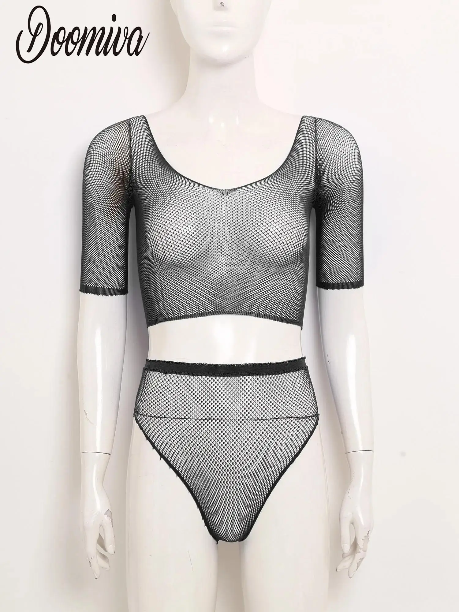 Women See Through Sheer Fishnet Lingerie Outfit Bikini Cover Up 2pcs Short Sleeve Crop Top And Briefs Set for Club Dating Night