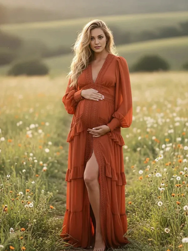 bohemian-maternity-v-neck-lace-puff-sleeve-maxi-dress-pregnancy-photoshoot-outfit-chiffon-photography-gown-for-pregnant-women