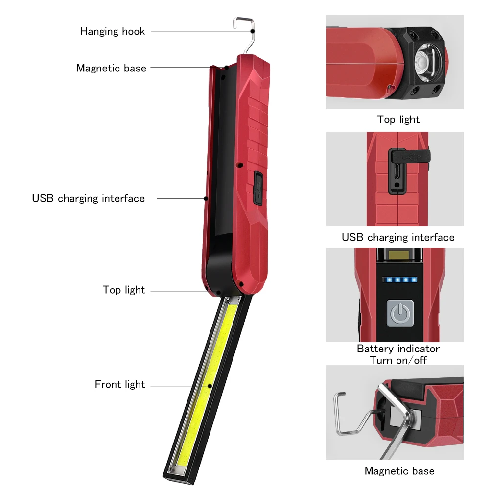 Portable LED COB Work Light USB Rechargeable Flashlight Magnetic Torch Flexible Inspection Hand Lamp Worklight Outdoor Spotlight