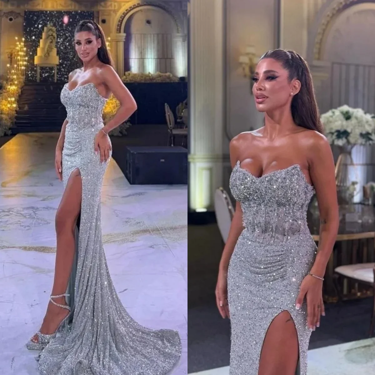 

Изысканное вечернее платье русалки с бисером и кристаллами без бретелек, платья для выпускного вечера с высоким разрезом, длиной до пола, вечерние платья по индивидуальному заказу