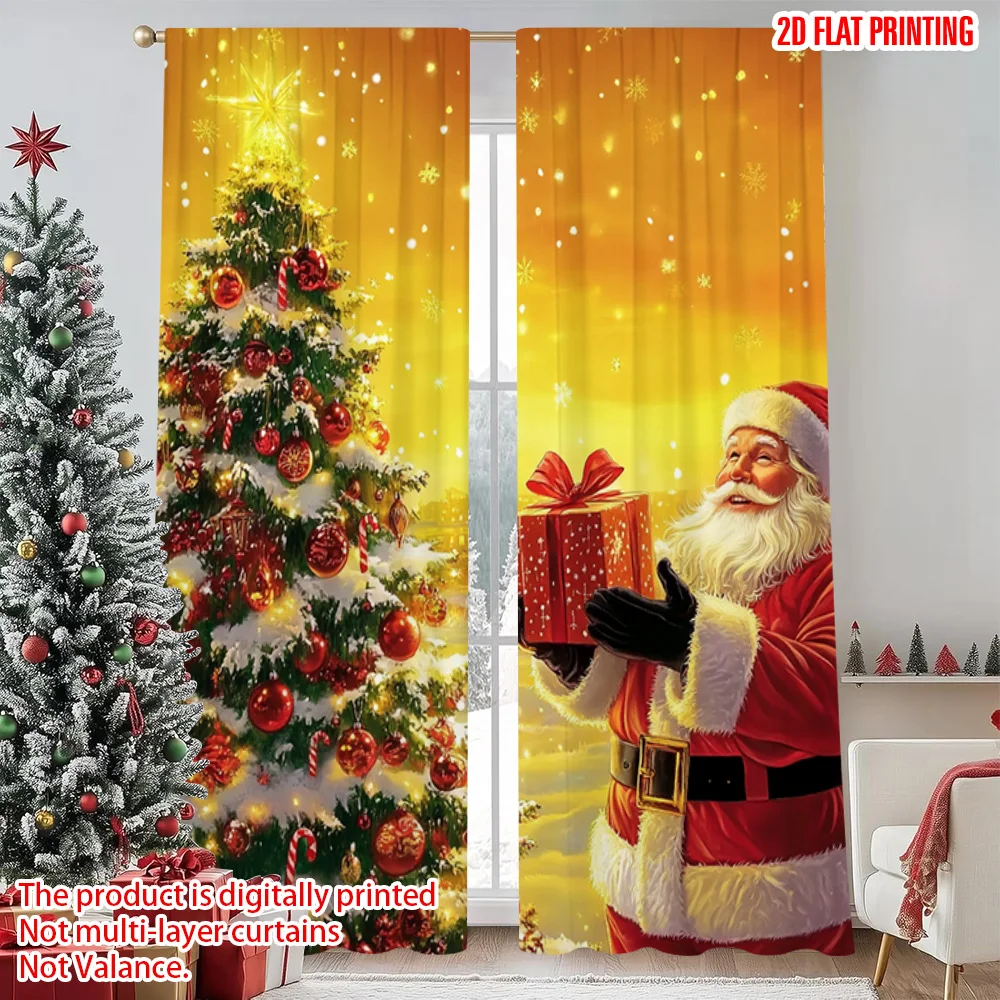 

2pcs 2D flat printing Christmas Window Curtains christmas trees1 Durable Polyester Without Electricity Festive Holiday for