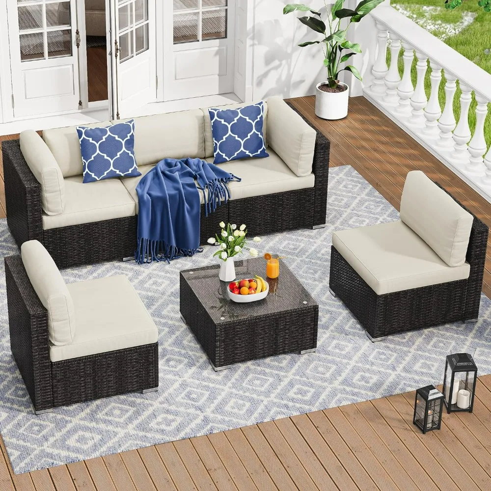 

6 Pieces Outdoor Patio Sofas Set, Sectional Sofa PE Rattan Wicker Conversation Set Outside Couch,Sofa