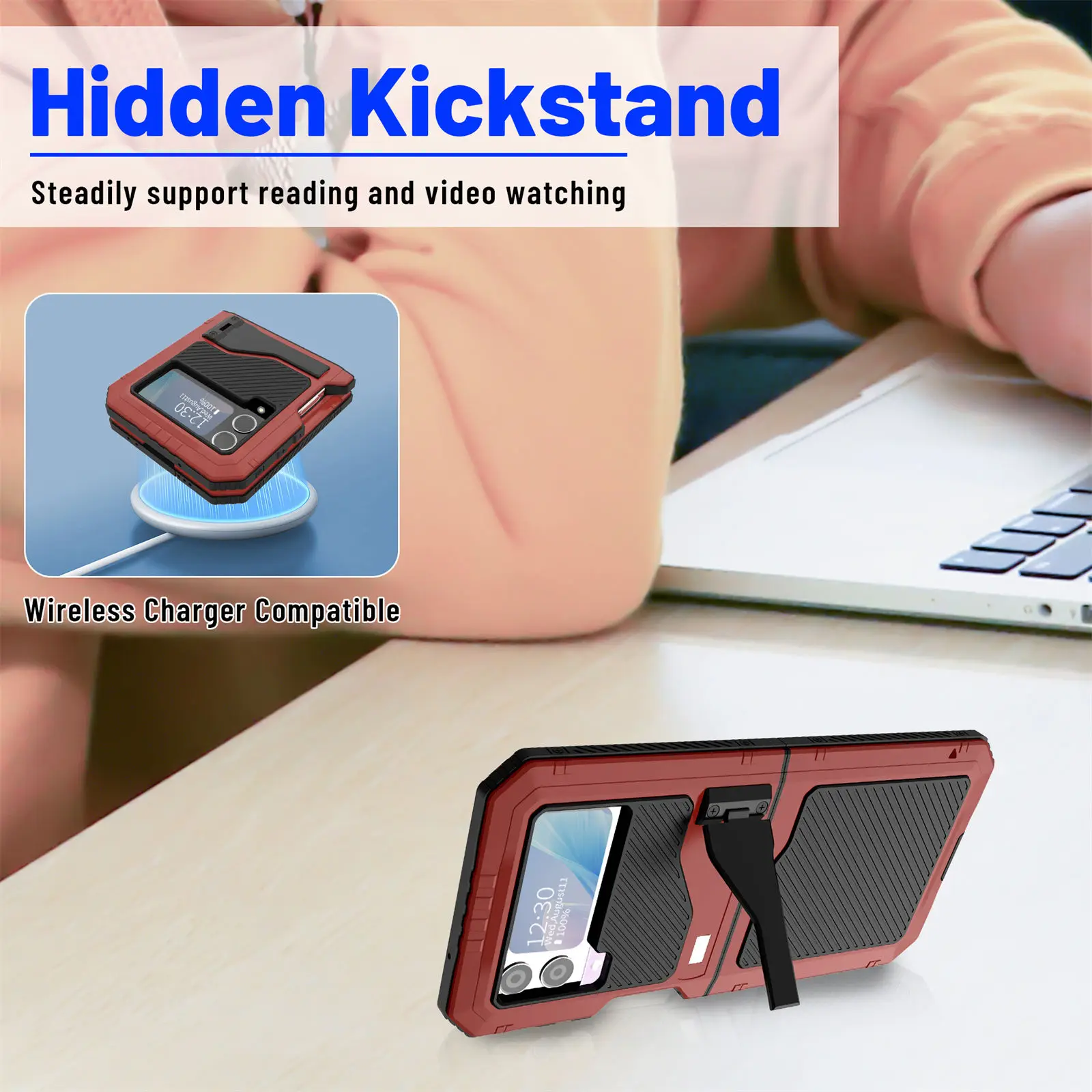 for Samsung Galaxy Z Flip 4 Metal Case with Kickstand, 3 Layers Full Body Protective Shockproof Aluminium Cover for Z Flip 4