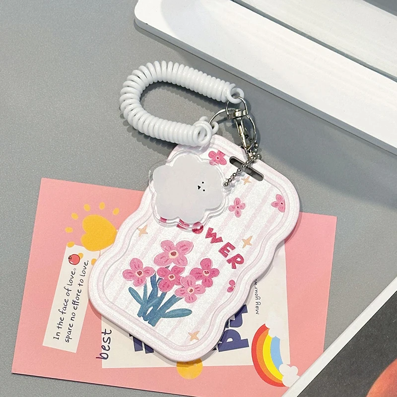 Pink Cute Flowers Photo Card Holder Design Idol Photo Sleeve Anti Lost Keychain Photocards Protector Case Student Meal Card