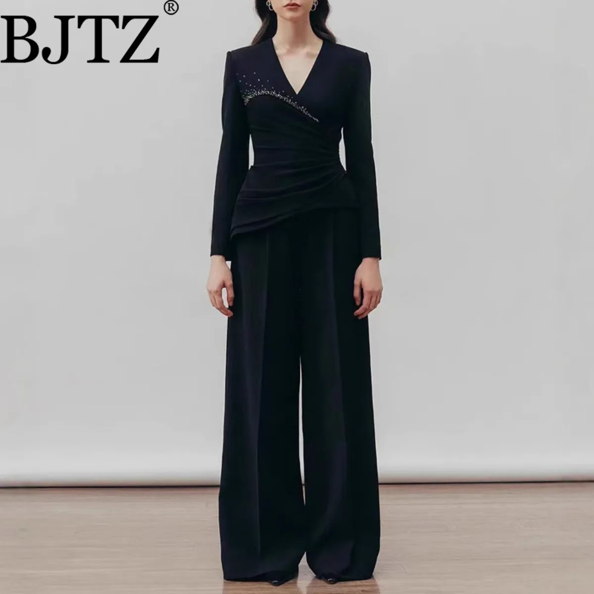 

BJTZ Высококачественный топ с v-образным вырезом и застежкой на талии, драпированные длинные брюки с высокой талией, элегантный комплект из двух предметов для пригородных поездок