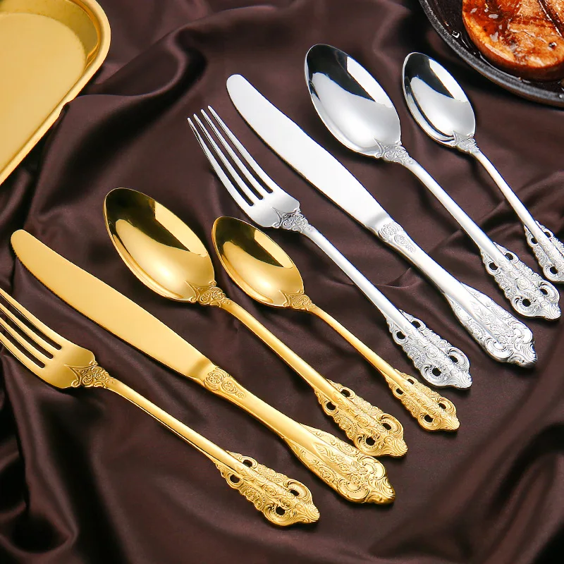 

304 Stainless Steel Cutlery Set Palace Style Tableware Western Dinnerware Steak Knife Fork Spoon Teaspoon