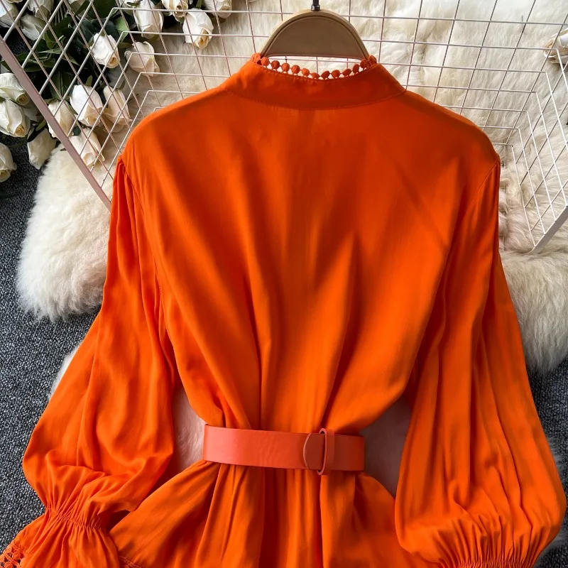 Franse Hof Retro Elegante Jurk Dames Opstaande Kraag, Hoornmouwen, Taille Single-breasted Kant Splitsing, Nieuw, Grote Swing Jurk