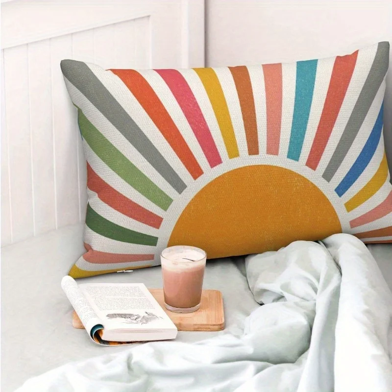 1pc Rainbow Sun Ray Printed Lumbar Pillow Cover,Suitable for Sofa,Bedroom,Living Room,Study, Vibrant Gift for Boho Style Lovers.