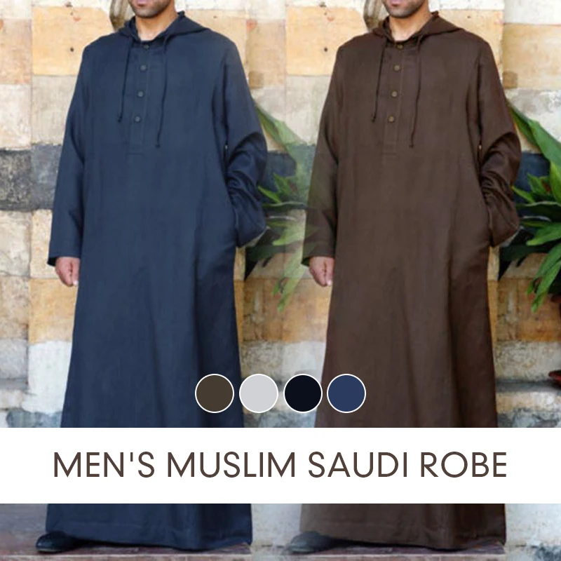 

Men Muslim Clothes Saudi Arab Long Sleeve Hooded Robes Gown Jubba Thobe Dubai Middle East Men Islamic Saudi Arabia Kaftan