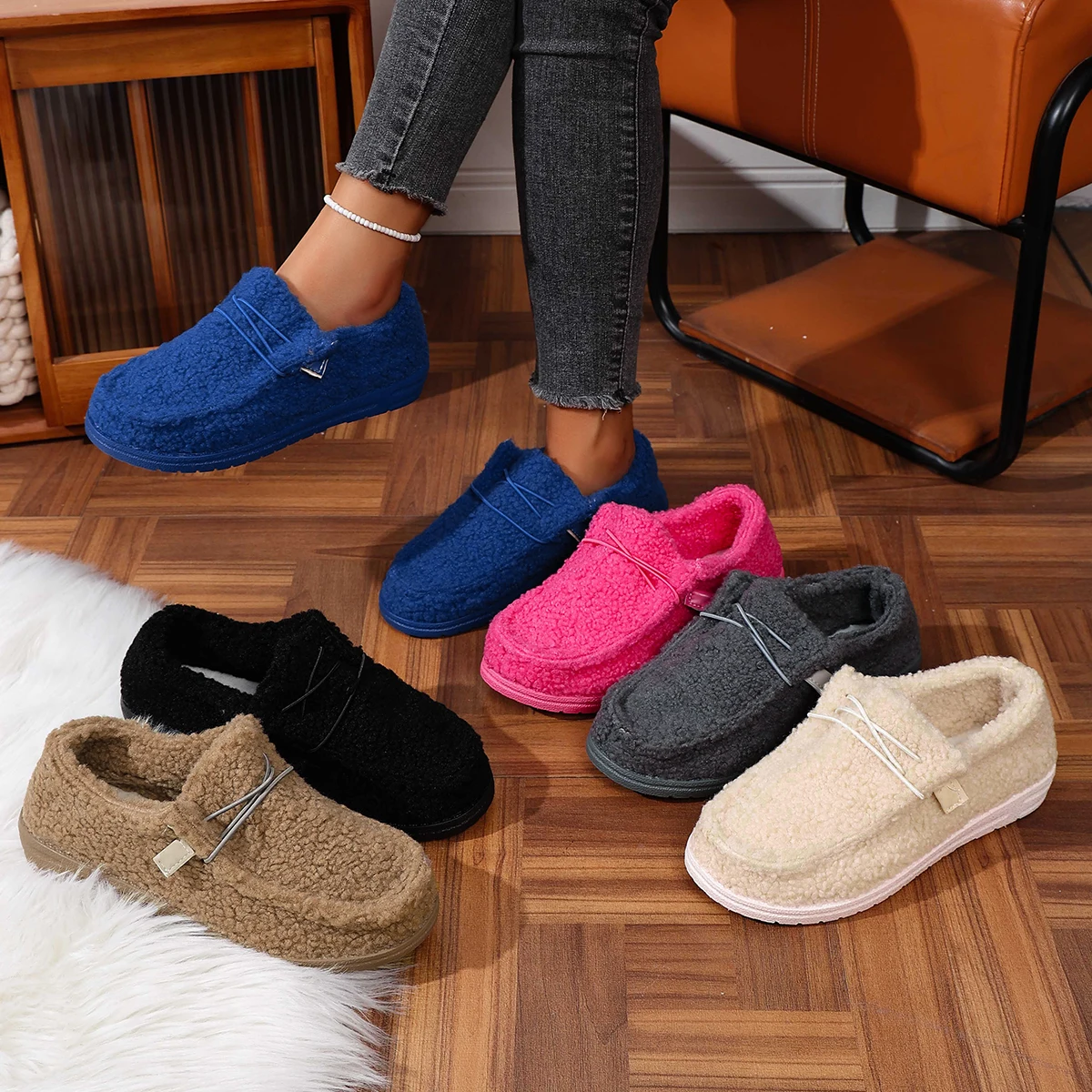 

Brand Design Lambswool Sneakers Woman Light Weight Slip-on Teddy Fur Moccasins Ladies Low Top Lace-up Warm Plush Flat Shoes